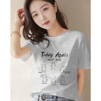 [1.5折价39元]唐狮夏季女圆领前胸线条图案短袖T恤简约设计感百搭休闲