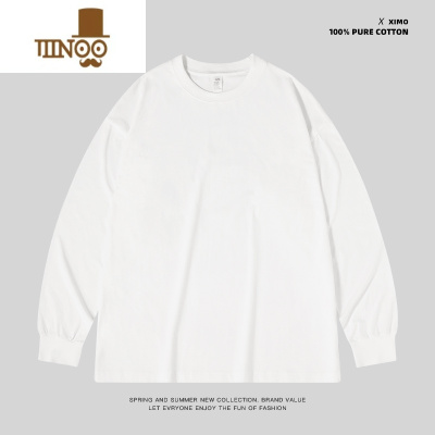 YANXU潮牌螺纹纯色长袖T恤内搭叠穿打底衫男240g白色宽松卫衣