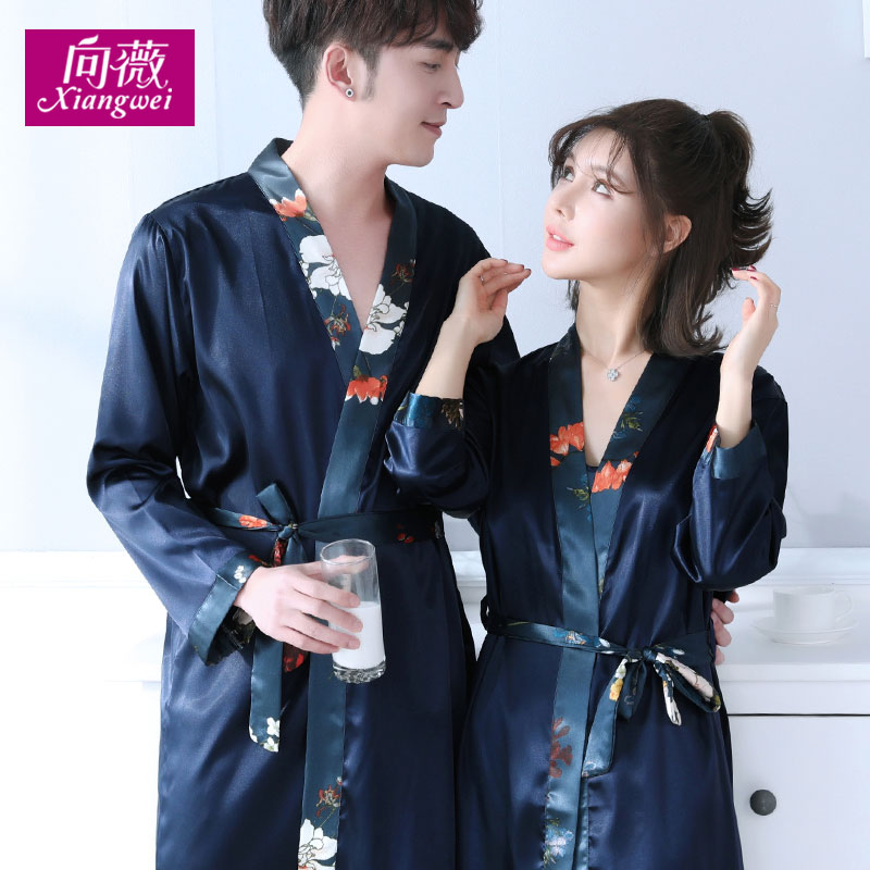 情侣睡袍春秋季男士性感丝绸睡衣女夏天丝质和服睡袍浴袍长袖冰丝