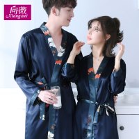 情侣睡袍春秋季男士性感丝绸睡衣女夏天丝质和服睡袍浴袍长袖冰丝