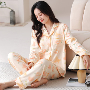 春秋季新款长袖开衫家居服棉质睡衣女款休闲宽松翻领两件套可外穿