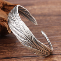 银手镯9999纯银女羽毛开口小众设计年轻款复古个性银镯子送女朋友老婆情人节七夕生日礼物