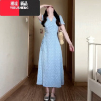 YIBUSHENG法式蓝色v领碎花连衣裙子女季2024新款收腰显瘦高级感度假长裙