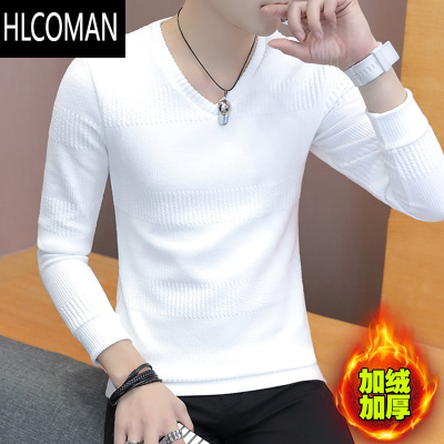 HLCOMAN男士长袖t恤新款加绒加厚潮流V领打底衫男冬装百搭卫衣