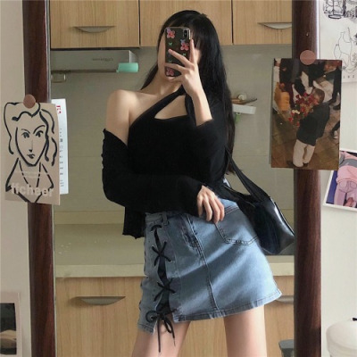 YIBUSHENG牛仔半身裙设计感绑带包臀短裙女夏季2021年新款高腰显瘦a字裙子