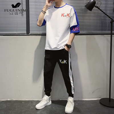 富贵鸟（FUGUINIAO）短袖套装男夏季青少年男孩休闲九分裤两件套潮初高中学生半袖T恤