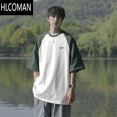 HLCOMAN夏季港风日系cityboy短袖t恤男生潮牌撞色宽松百搭情侣五分袖体恤