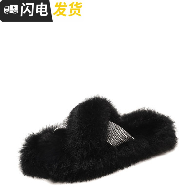 欧洲站毛毛拖鞋女外穿时尚2018秋季新款chic社会复古平底红半拖启如