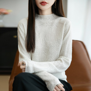 半高领花精纺6毛针织打底衫女宽松长袖套头内搭女士新款薄毛衣