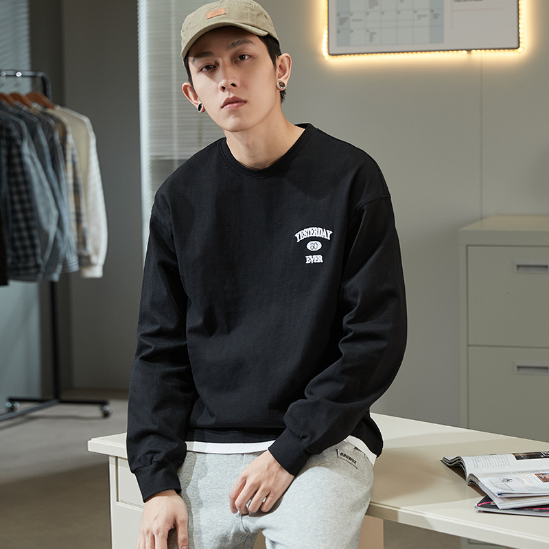 9元,叠加优惠券]唐狮春季新款长袖t恤男纯色衣服宽松潮流休闲帅气白色