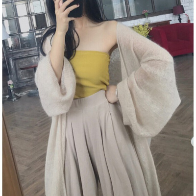 新款春秋韩版马海毛针织开衫女中长款宽松防晒衣夏季薄外套女-定制杏色均码默认颜色默认尺寸