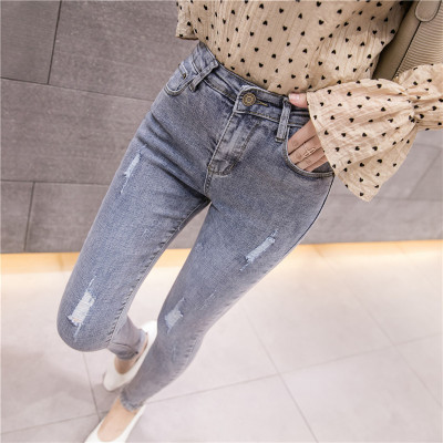 广赫牛仔裤女小脚九分修身显瘦破洞2020春季新款韩版高腰紧身弹力长裤牛仔裤