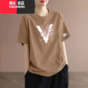 YIBUSHENG韩版圆领印花短袖上衣女2024新款装宽松大码显瘦洋气t恤衫
