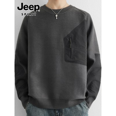 吉普圆领毛衣男士秋季2025潮流拼色套头内搭线衣宽松休闲针织衫男