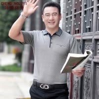 清凉冰丝短袖夏季中年爸爸短袖T恤男士商务休闲翻领男装宽松T恤