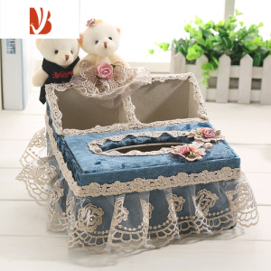 三维工匠布艺纸巾盒客厅轻奢多创意遥控器收纳盒家用茶几桌面抽纸盒子 恩爱熊2合1(中号)蓝色