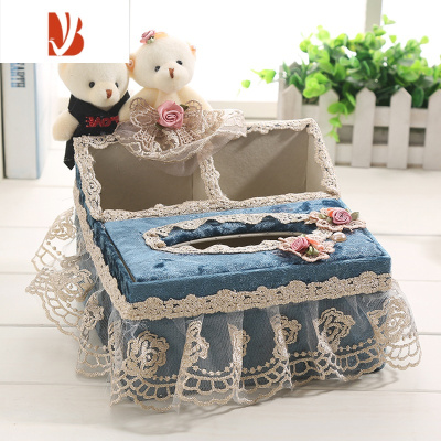 三维工匠布艺纸巾盒客厅轻奢多创意遥控器收纳盒家用茶几桌面抽纸盒子 恩爱熊2合1(中号)蓝色