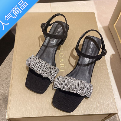 SUNTEK粗跟水钻一字带凉鞋女仙女风2023夏新款中跟时装高跟鞋法式配裙子