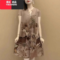 YIBUSHENG2024季新款褶皱拼接女士连衣裙大码宽松遮肚减龄洋气妈妈中长裙