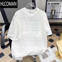 HLCOMAN夏季2025新款短袖T恤男宽松条纹肌理感上衣潮流美式痞帅情侣半袖