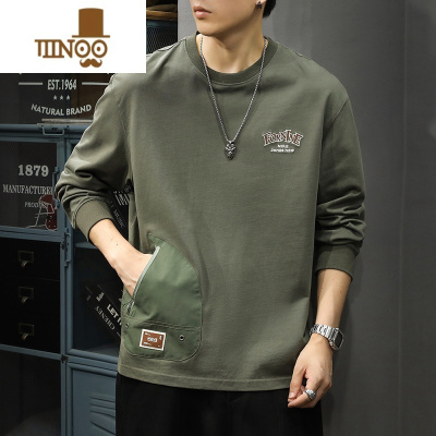 YANXU秋季复古长袖t恤男宽松潮牌打底衫美式口袋拼接圆领卫衣