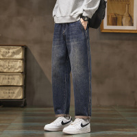 高街复古渐变蓝黑牛仔裤男宽松锥形做旧磨白显瘦卷边舒适长裤