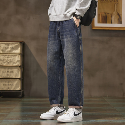 高街复古渐变蓝黑牛仔裤男宽松锥形做旧磨白显瘦卷边舒适长裤