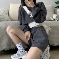 宽松短款卫衣INS欧美时尚露脐运动卫衣学生秋季时尚纯色运动套装