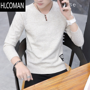 HLCOMAN新款长袖t恤男韩版修身V领卫衣加绒加厚百搭打底衫上衣