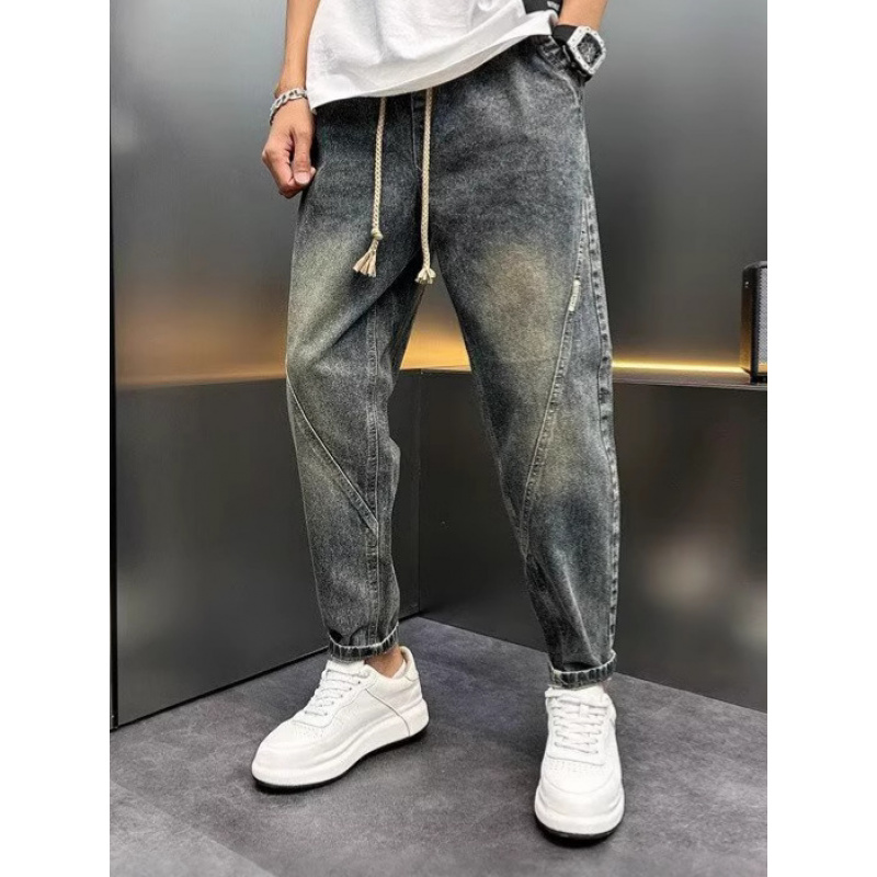 牛仔裤痞帅男士夏季薄款新款拼接水洗做旧束脚型休闲长裤