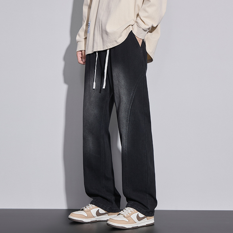 潮牌抽绳牛仔裤 男士黑灰水洗阔腿裤 高街复古休闲长裤工厂直供