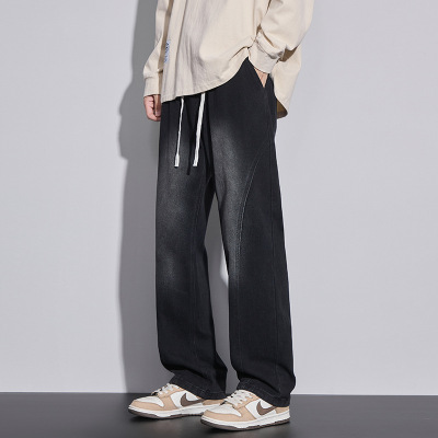 潮牌抽绳牛仔裤男士黑灰水洗阔腿裤高街复古休闲长裤工厂直供