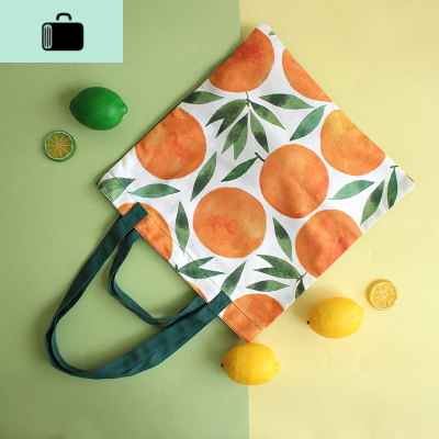 夏天少女帆布手提单肩包 ins小清新文艺印花学生大容量补课书包袋NEW LAKE 墨绿橘子女士单肩包