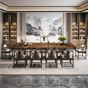 大板实木茶桌新中式禅意整板茶台轻奢现代办公室接待泡茶茶桌椅组合 1.8m老板桌+豪华椅+2.0米书柜