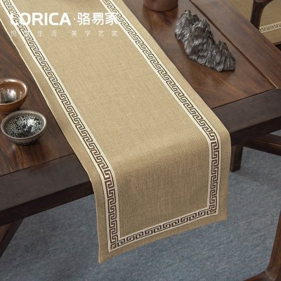 美式桌旗新中式禅意茶旗布现代简约茶几餐桌北欧电视 福延年-麻色(平角款) 33*180cm(适用桌长1.3米-1.4米)
