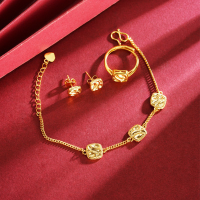 越南沙金方形手链耳钉戒指夏季轻奢女款简约时尚几何方牌饰品首饰送女朋友老婆情人节七夕生日礼物