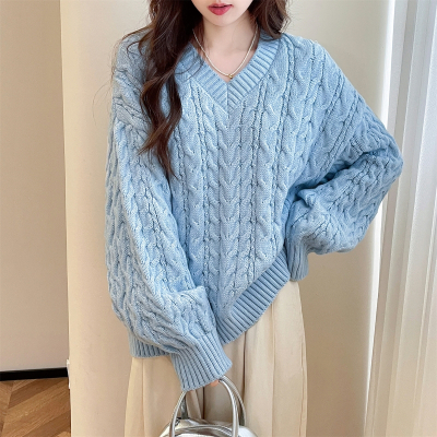 [3件8.5折118.9元,叠加优惠券]唐狮秋冬季毛衣女蓝色小众设计感条纹V领麻花小个子毛线衫qd