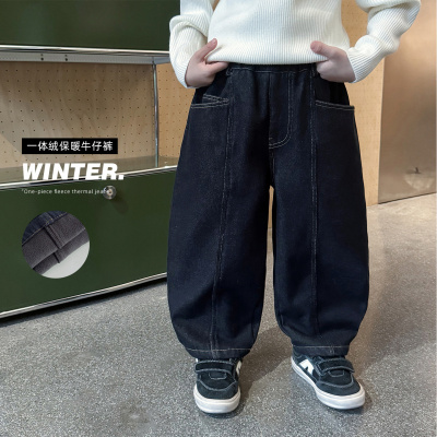 童酷男童冬款时尚净色宝宝休闲裤一体绒保暖拼接儿童牛仔裤潮