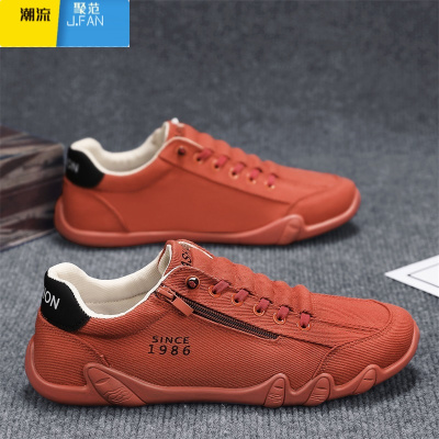 聚范红色帆布男鞋夏季2024新款透气侧拉链休闲板鞋男士一脚蹬运动潮鞋