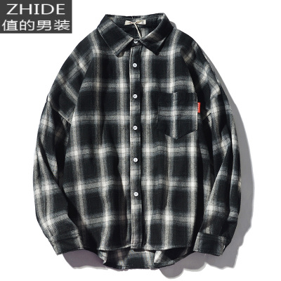 SUNTEK秋季长袖格子衬衫男士韩版潮流帅气日系外套情侣百搭宽松复古衬衣衬衫