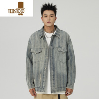 YANXU牛仔夹克男23秋季新款毛边破洞水洗翻领外套美式潮牌复古做旧上衣