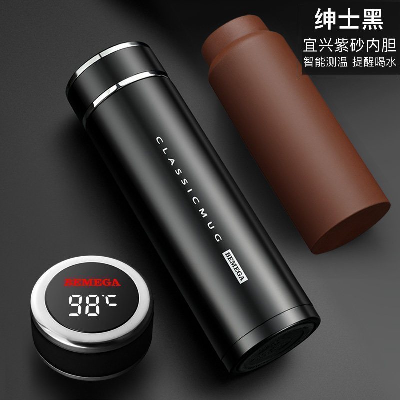 家柏饰(CORATED)紫砂内胆保温杯紫砂杯泡茶杯男士女定制水杯子 绅士黑(全钢杯盖智能测温提醒喝水)