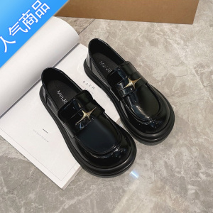 SUNTEK壹梨十字星小皮鞋女2023新款英伦风平底乐福鞋黑色复古一脚蹬单鞋