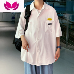 七斓排扣短袖衬衫男夏季薄款ins港风宽松日系五分袖潮牌百搭休闲外套
