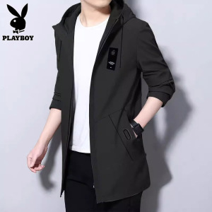 花花公子中长款风衣外套男士2024年秋季新款潮流防风连帽夹克男装
