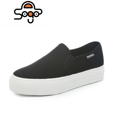 七色王国帆布鞋女黑色工作鞋子懒人乐福鞋厚底松糕鞋套脚休闲女鞋秋休闲鞋