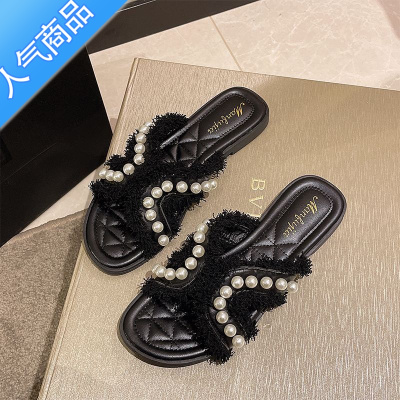 SUNTEKins潮外穿拖鞋女夏季2023年新款小香风珍珠淑女海边仙女沙滩凉鞋