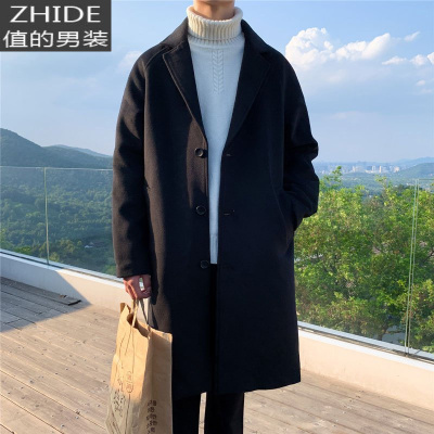 SUNTEK胖子中长款风衣男宽松大码韩版潮流百搭过膝毛呢大衣秋冬翻领外套风衣