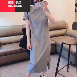 YIBUSHENG大码微胖mm宽松开叉连衣裙季女装新显瘦遮肚长款过膝T恤裙