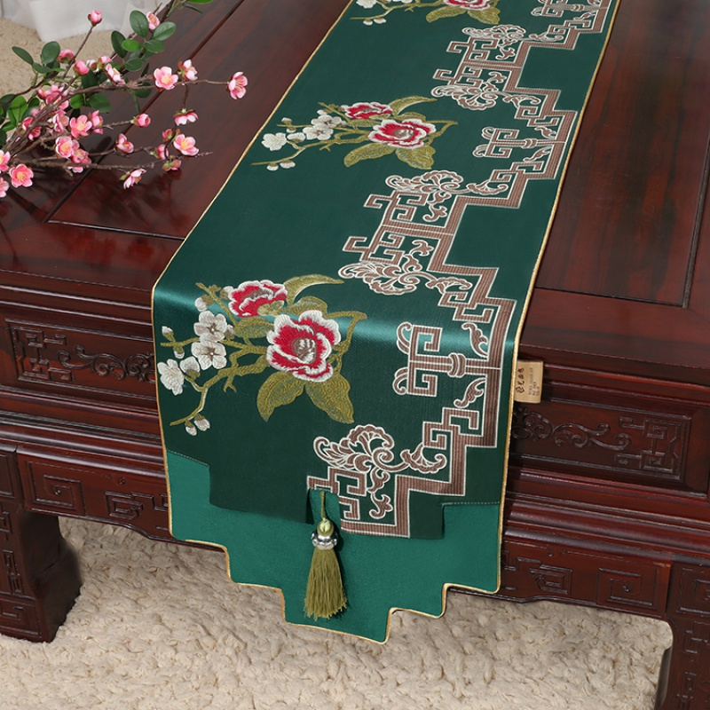 美帮汇新中式古典玉桌旗茶几长条布艺中国风桌布床柜旗电视柜盖布 绿牡丹阁 34*150适合桌长90-100CM